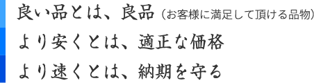 より早くとは、納期を守るより安くとは、適正な価格（お客様に満足して頂ける品物）良い品とは、良品